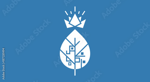 Geometric white leaf/drop icon with a crown on blue background