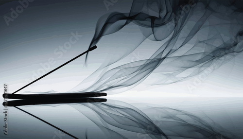 Incense stick burning with smoke rising against a reflective surface.