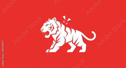 Aggressive, stylized white tiger on red with shard details