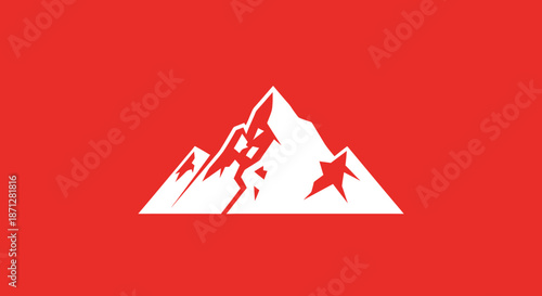 White stylized mountain icon against a solid red background