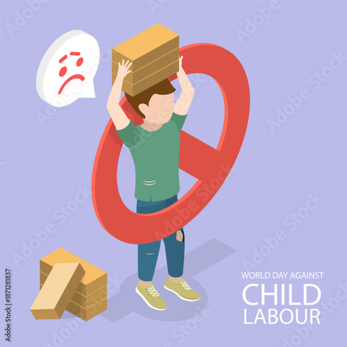 3D Isometric Flat Vector Illustration of Stop Child Labour Exploitation, Awareness Campaign