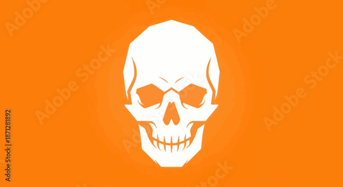 White stylized skull, angular design, on a bright orange background