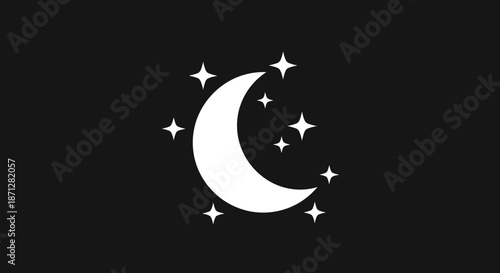 Minimalist night scene with a white crescent moon & white stars