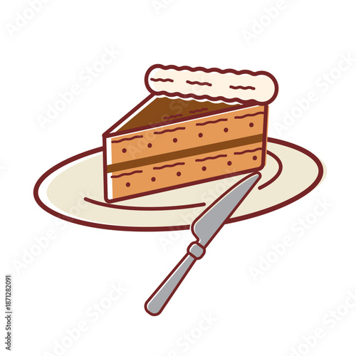 Slice of Layered Chocolate Cake on a Plate with Knife  Vector Illustration