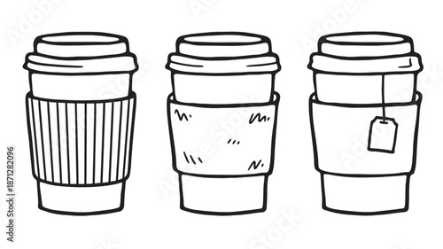Three coffee cups with different designs on transparent background silhouette