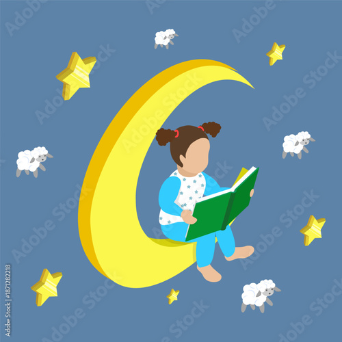 3D Isometric Flat Vector Illustration of Bedtime, Nightly Tale For Children Before Sleep To Help Them Relax And Drift Off Peacefully