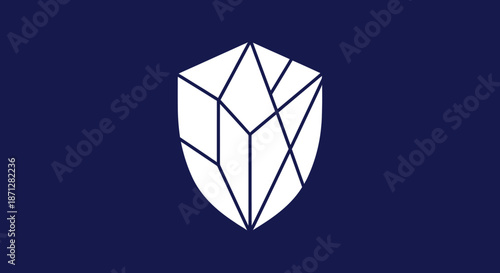 White geometric shield divided into angular sections on a dark blue background