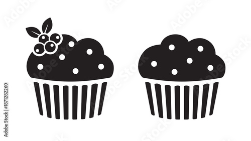 Two blueberry muffins in black silhouette on transparent background