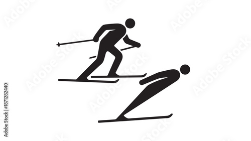 Cross country skiers in action minimalist design on transparent background silhouette