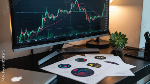 Desk with Computer Monitor Showing Stock Charts and Papers with Graphs stock market