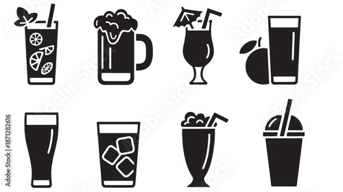 Variety of beverage glasses and drinks in a black silhouette on transparent background