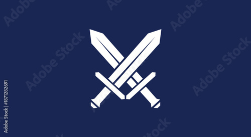 Two white swords crossed against a dark blue background