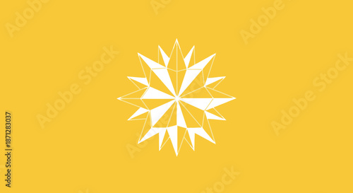 Yellow background with a centered white, geometric, starburst design