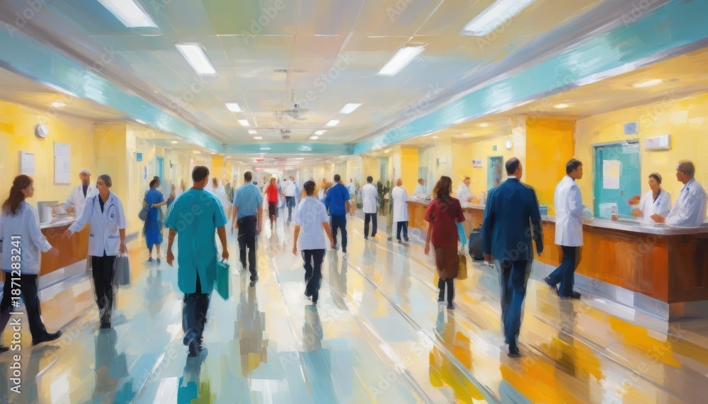 Fototapeta premium Busy hospital hallway scene with doctors nurses and patients moving through bright modern architecture