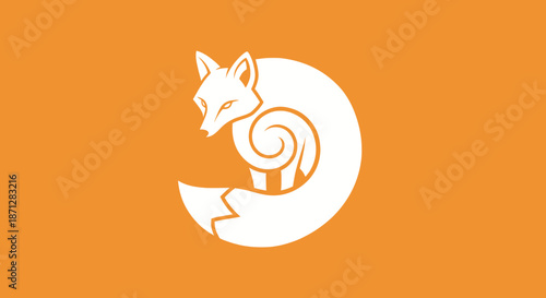 Stylized white fox with spiral tail, solid orange backdrop