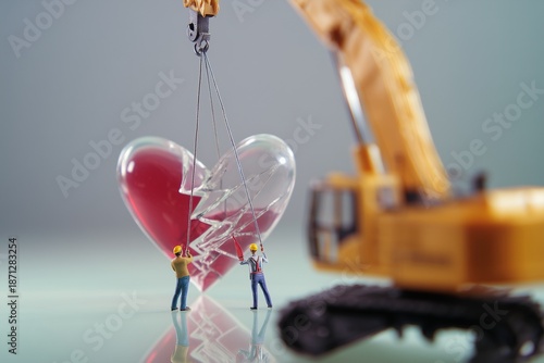 Heart repair scene, Restoring shattered love symbol with broken heart, Delicate glass heart mend amid tender atmosphere, Restoration experts gently lift fractured glass heart with care