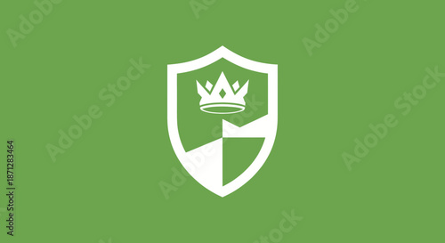 White shield featuring a crown over a geometric design, green backdrop