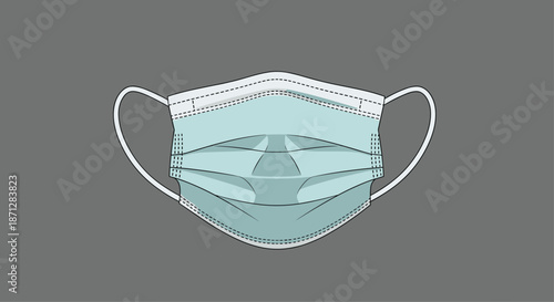 Detailed flat illustration of a light blue three-ply surgical face mask placed on a solid dark grey background.