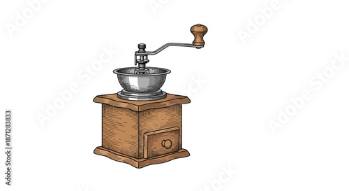 Classic vintage coffee mill or manual grinder with wood and metal details in a hand-drawn and colorful style.