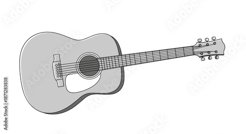 Simple grey and white illustration of an acoustic guitar shown from a clear front-facing perspective on white.