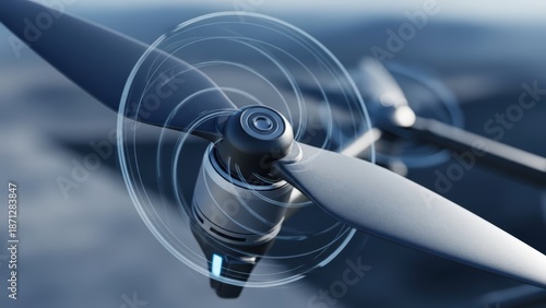 Close-up of a drone propeller spinning rapidly against a blurred sky background, symbolizing advanced technology and motion.