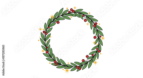 Festive holiday wreath made of green leaves, red berries, and sparkling yellow stars for seasonal decoration.