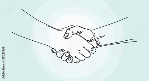 Continuous line drawing illustration of two hands shaking to represent a business agreement or warm greeting.