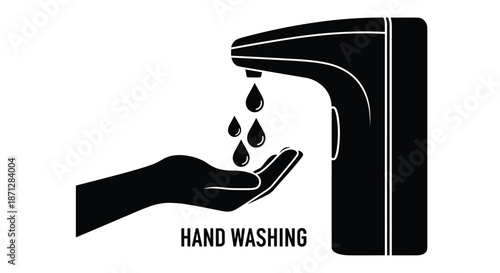 Black and white silhouette icon of a hand receiving liquid from an automatic dispenser for promoting hygienic hand washing practices.
