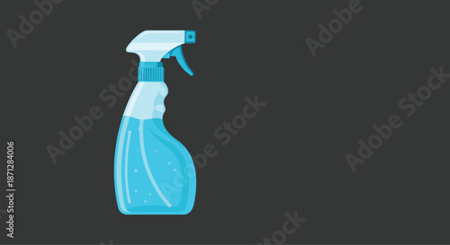 Spray bottle filled with blue cleaning liquid on a dark gray background, perfect for illustrating domestic cleaning or professional janitorial services.