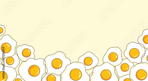 Colorful pattern of fried eggs scattered across a pale yellow background for food-themed designs and breakfast branding projects.