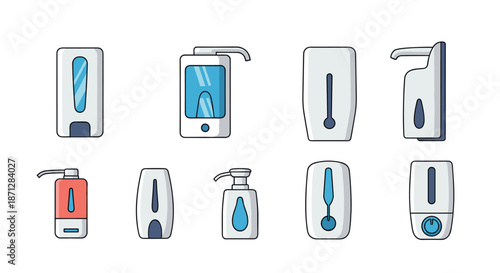 Large collection of hand sanitizer and soap dispensers in various shapes and colors for promoting hygiene in public spaces.