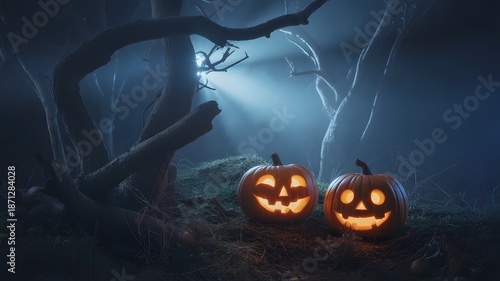 Two jack-o'-lanterns in a mystical forest