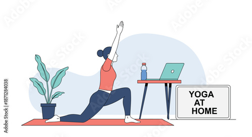 Woman practicing a yoga pose at home while following a video on her laptop in a bright and peaceful room.