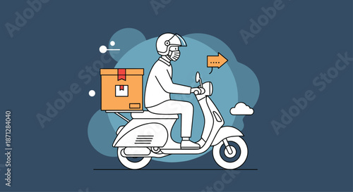Delivery man riding a white scooter with a large box on the back, wearing a helmet and mask for safe city delivery.