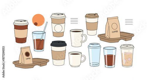 Wide variety of coffee cups, glasses, and bags in different styles and sizes for illustrating cafe menus and beverage options.