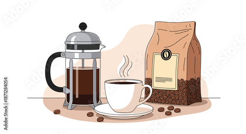 Coffee break scene with a french press, a steaming cup of coffee, coffee beans, and a bag of coffee grounds.