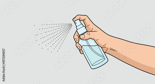 Human hand spraying disinfectant from a clear plastic bottle for cleaning and maintaining personal hygiene in various environments.