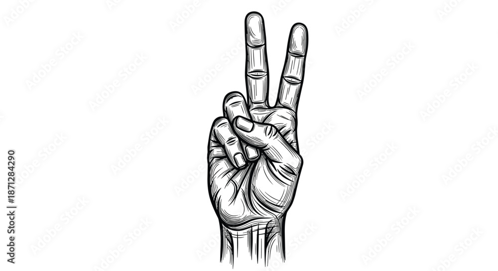 Obraz premium Detailed vintage style engraving of a hand showing the peace sign or victory gesture with two fingers raised on a white background.