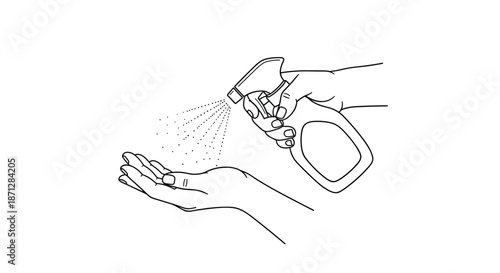 Simple black line drawing of a hand using a spray bottle to apply liquid or sanitizer onto the palm of another hand.