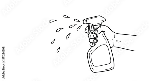 Minimalist line drawing of a hand holding a spray nozzle bottle and spraying liquid droplets in a simple graphic style.