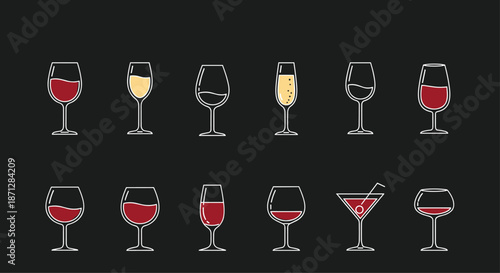 Large collection of various wine, champagne, and cocktail glasses filled with red and white liquids on a dark background.