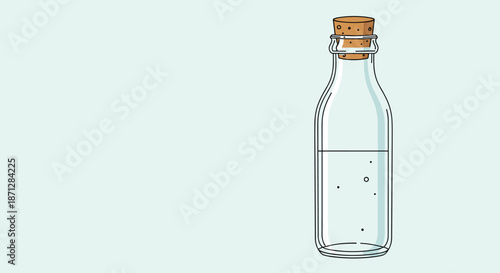 Glass bottle filled with clear water or carbonated liquid and sealed with a brown cork on a light teal background.