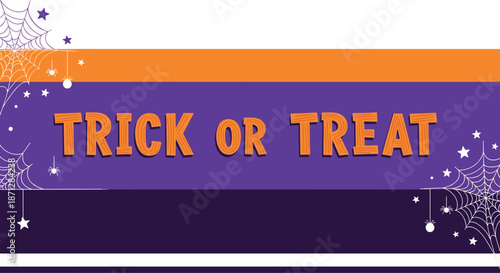 Festive Halloween banner featuring trick or treat text on a purple and orange background with decorative spider webs and small stars.