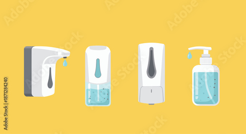 Collection of different hand sanitizer and liquid soap dispensers including wall-mounted and pump bottle styles on a yellow background.