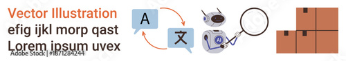 Language services, AI tools, logistics, e-commerce, global trade, content translation. Arrows connecting translation tools, magnifying glass boxes. Language services and AI tools in global trade