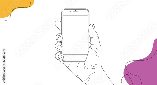 Hand holding a modern smartphone with a blank white screen surrounded by colorful abstract shapes on a white background.