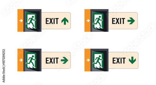 Set of four green emergency exit signs with a running figure and directional arrows pointing in different ways for safety guidance.