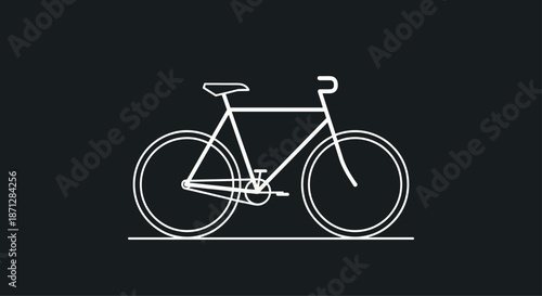Minimalist white line illustration of a classic road bicycle silhouette set against a dark gray background for modern athletic design.