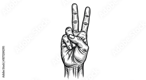 Detailed vintage style engraving of a hand showing the peace sign or victory gesture with two fingers raised on a white background.
