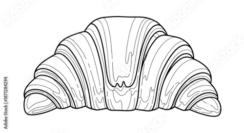 Detailed black and white line drawing of a flaky butter croissant for bakery menu designs and breakfast food related themes.